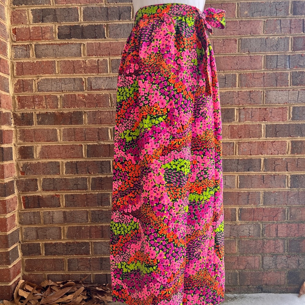 Vintage Neon Floral Maxi Skirt in Pink, Green, Orange, Black